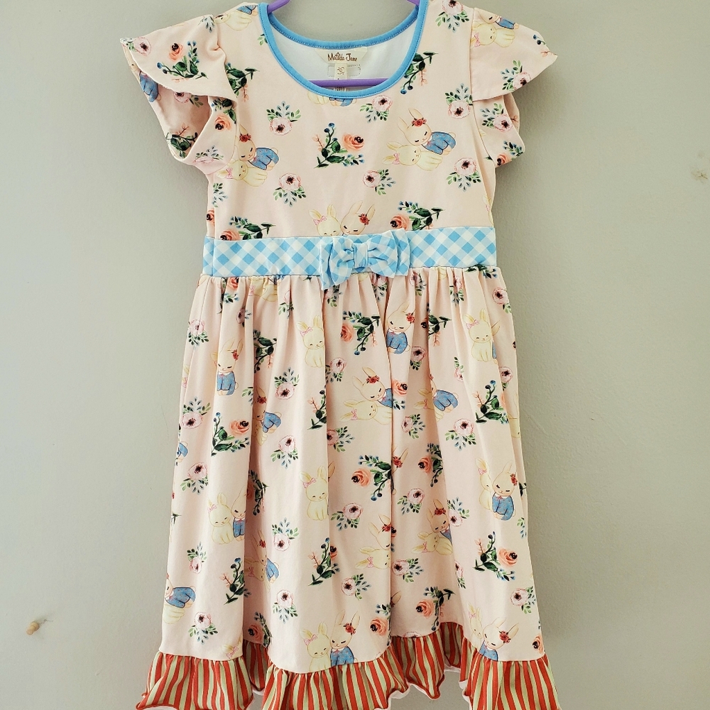 Matilda Jane Pink Bunny Print Dress with Blue Gingham Waist